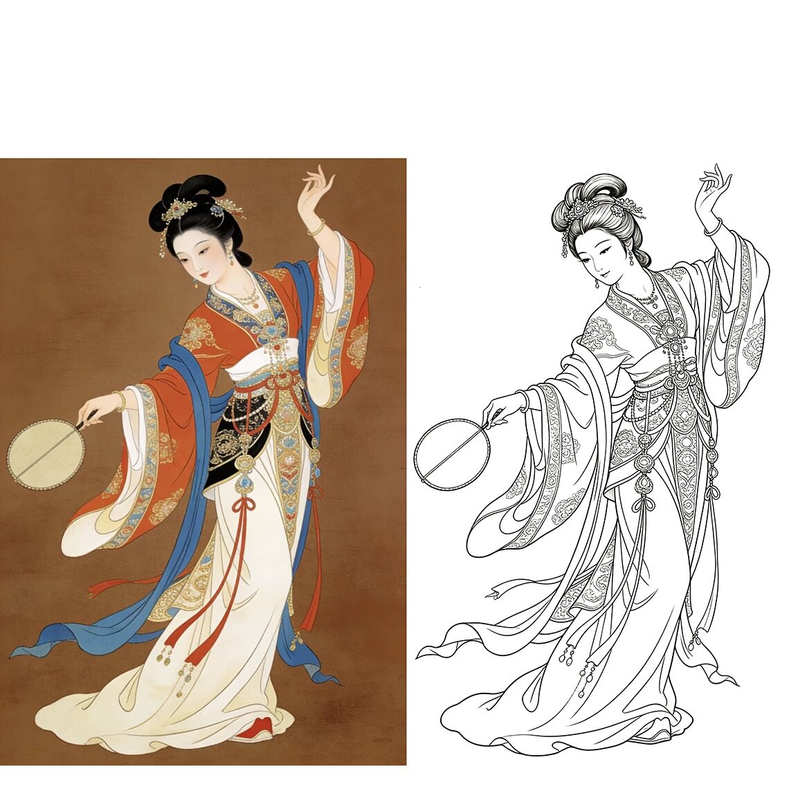 工笔画底稿工笔人物竖幅仕女图白描46#打印稿