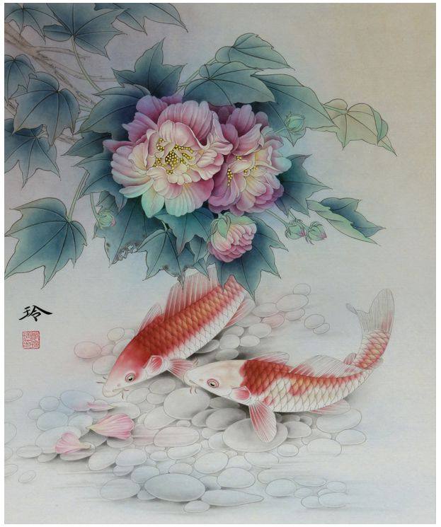 工笔画底稿鱼稿芙蓉鲤鱼逍遥游打印稿3#有步骤图