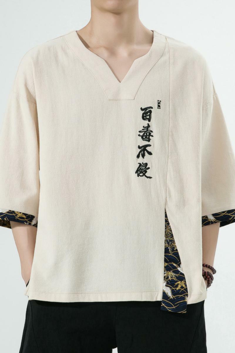 新中式风刺绣百毒不侵短袖t恤复古五分袖男A087-1-YM911-P55,男装T恤,电商A087-1