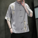 新中式亚麻盘扣五分袖衬衫竹叶刺绣拼接古装衬衣A087-1-YM616-P75，男装T恤，电商A087-1