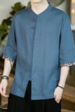 2023风春夏款拼接盘扣汉服唐装亚短袖衬衫A087-1-YM952-P55，男装衬衫，电商A087-1