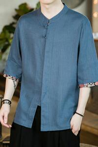 2023风春夏款拼接盘扣汉服唐装亚短袖衬衫A087-1-YM952-P55图片
