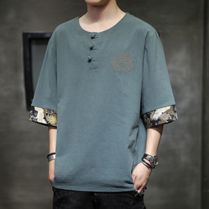 风夏季薄款荷花刺绣T恤圆领盘扣五分袖男A087-1-YM902-P55图片