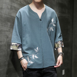 风2025仙鹤刺绣古风短袖薄V领盘扣T恤A087-1-YM907-P55控65，男装T恤，电商A087-1
