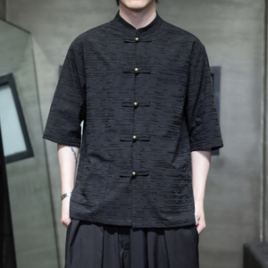 2025新中式棉麻铜扣五分袖衬衫提花面料古装衬衣A087-1-YM721-P65