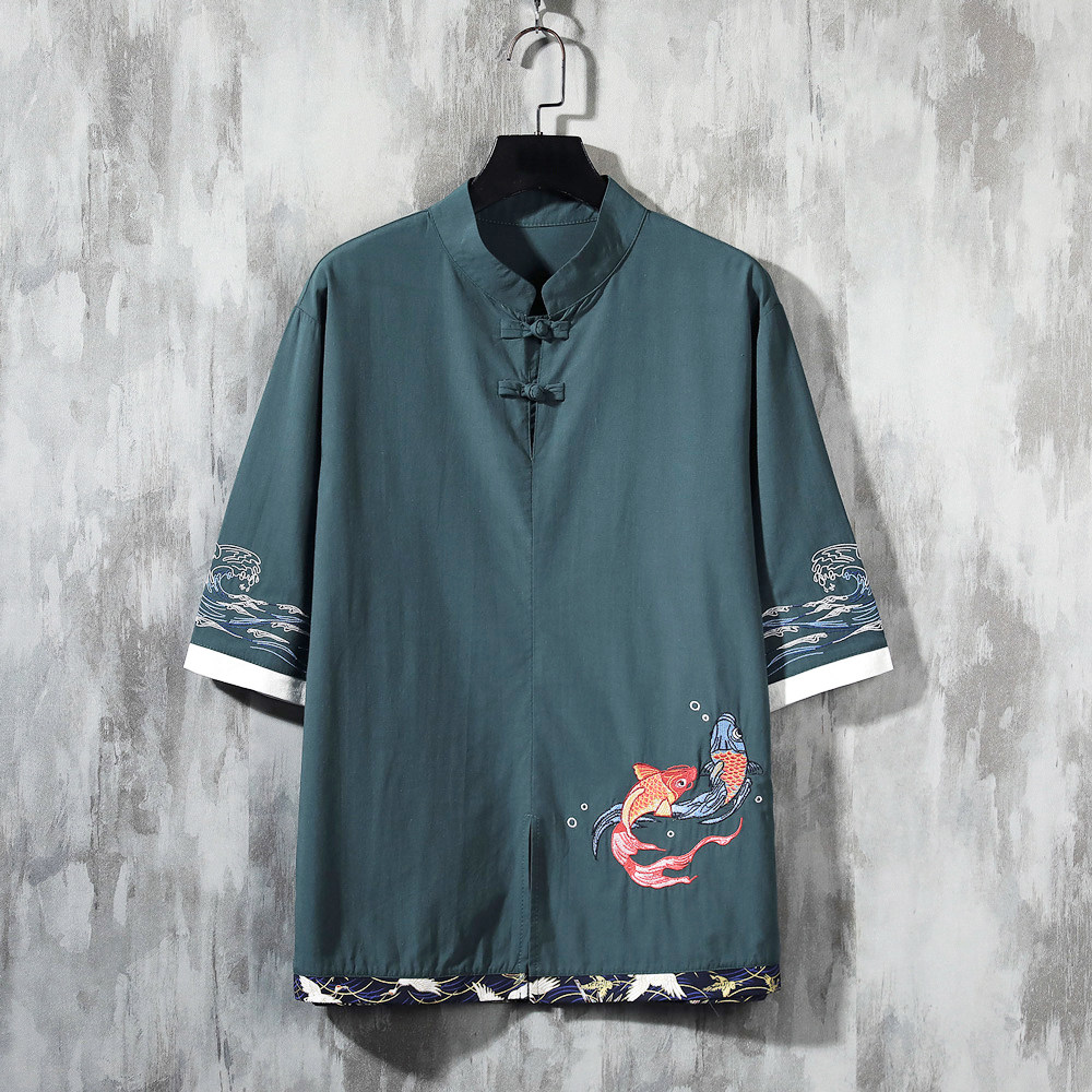 风春夏款锦鲤刺绣拼接盘扣五分袖宽松衬衫男A087-1-YM953-P65，男装T恤，电商A087-1
