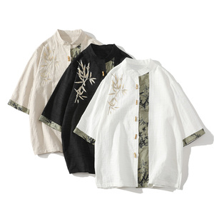 新中式竹扣竹叶刺绣棉麻五分袖提花面料古装衬衫A087-1-YM718-P75图片