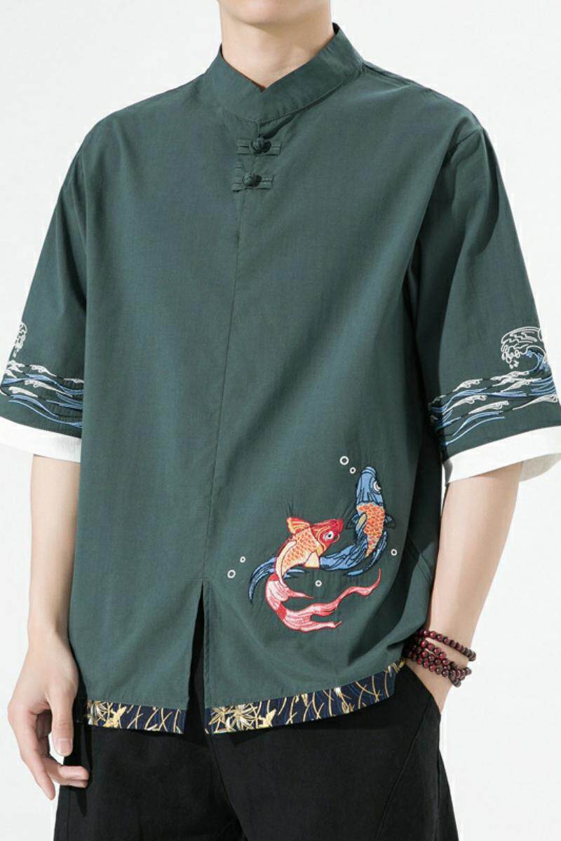 风春夏款锦鲤刺绣拼接盘扣五分袖宽松衬衫男A087-1-YM953-P65,男装T恤,电商A087-1