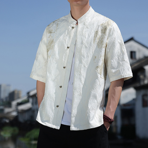 新中式立领衬衫透气短袖宽松大气铜扣提花撞色A087-1-YM653 P75图片