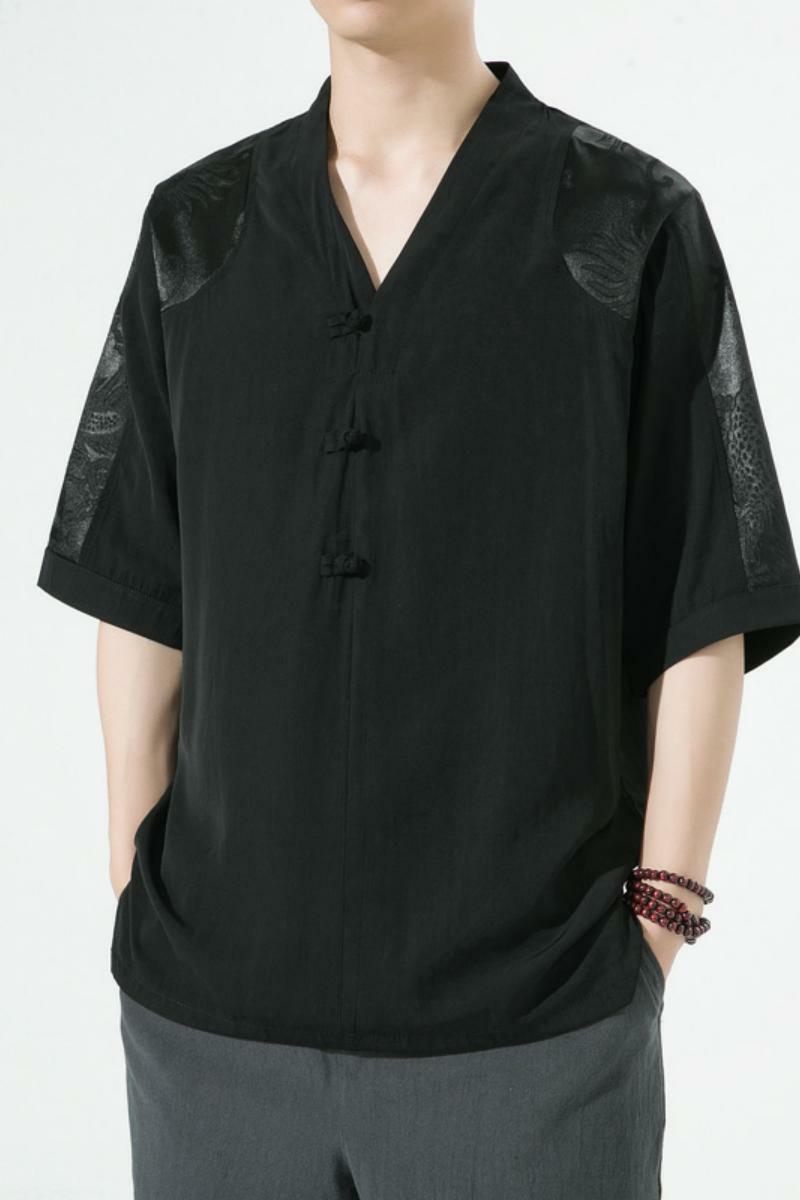 2025风春夏款拼接盘扣宽松汉服唐装短袖T恤A087-1-YM951-P55,男装T恤,电商A087-1