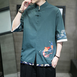 风春夏款锦鲤刺绣拼接盘扣五分袖宽松衬衫男A087-1-YM953-P65，男装T恤，电商A087-1