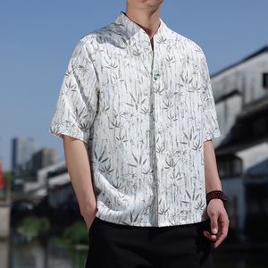 新中式石扣金竹提花短袖透气衬衫暗扣V领宽松衣A087-1-YM656 P75图片