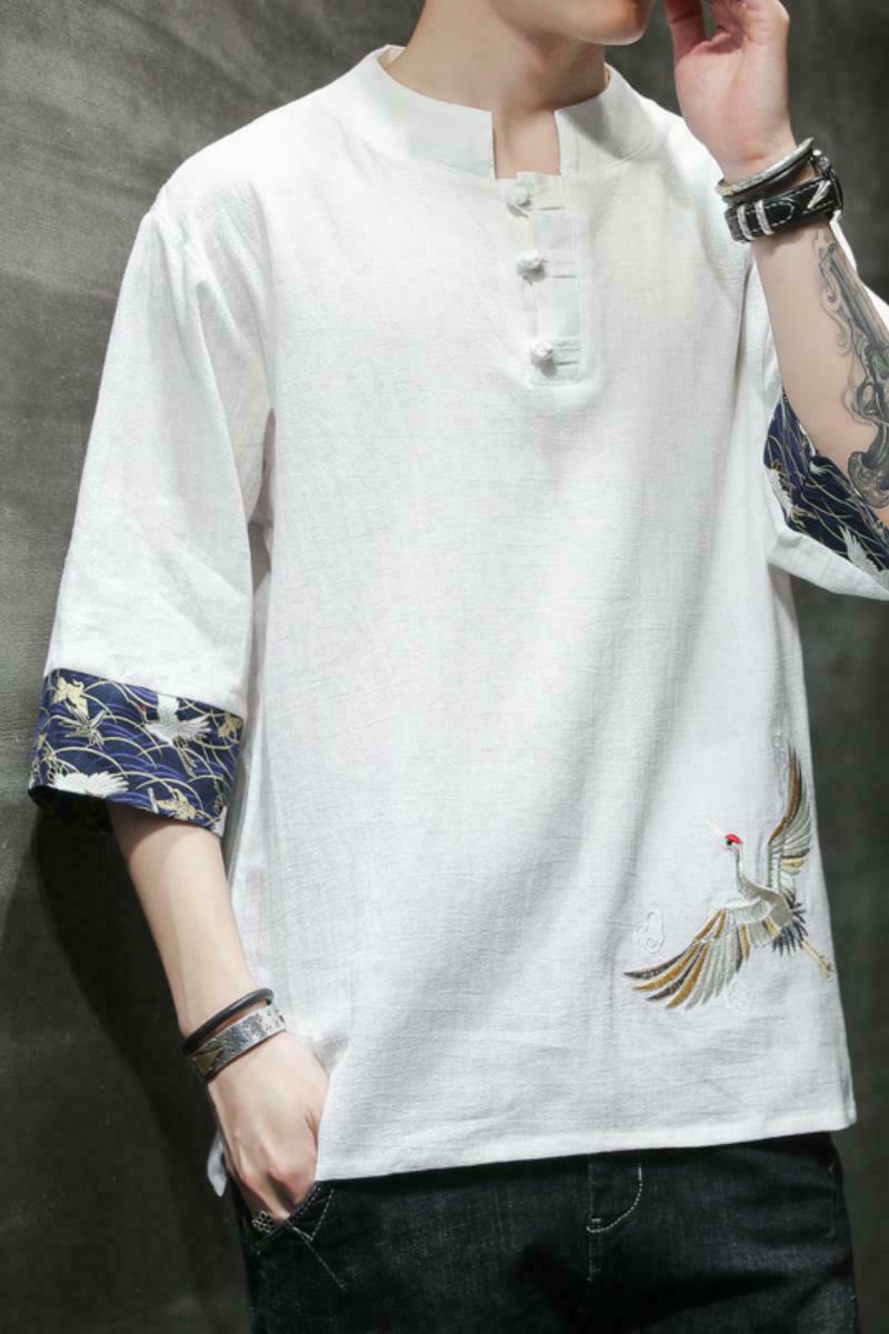 新中式夏季薄款仙鹤刺绣V领盘扣五分袖T恤男A087-1-YM901-P55,男装T恤,电商A087-1