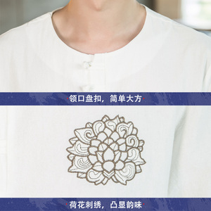 风夏季圆领盘扣五分袖薄款荷花刺绣T恤男A087-1-YM902-P55图片