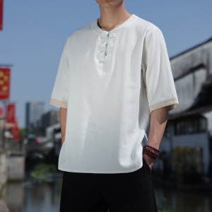 新中式半袖落肩圆领提花透气日常吸汗百搭短袖A087-7-YM639 P55图片