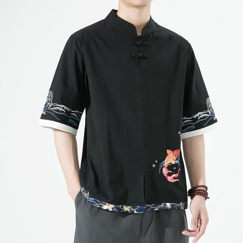 风春夏款锦鲤刺绣拼接盘扣五分袖宽松衬衫男A087-1-YM953-P65,男装T恤,电商A087-1