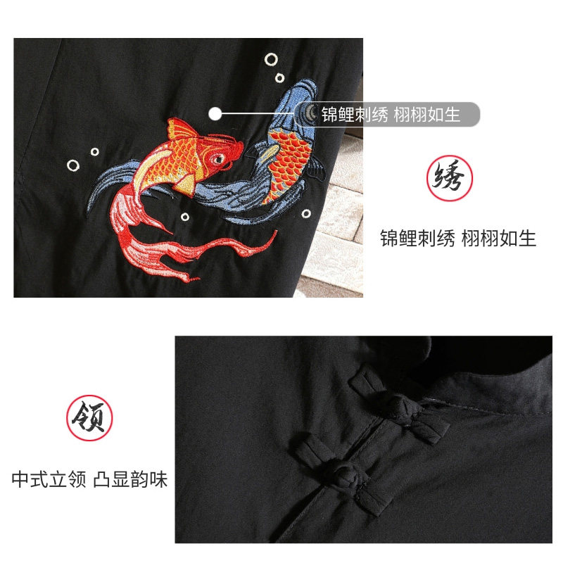 风春夏款锦鲤刺绣拼接盘扣五分袖宽松衬衫男A087-1-YM953-P65,男装T恤,电商A087-1