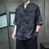 透气时尚风中式半袖宽松落肩休闲盘扣交领衬衫A087-1-YM665P75，男装T恤，电商A087-1