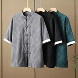 新中式2025盘扣短袖圆领提花t恤复古五分袖潮男A087-1-YM731-P55，男装T恤，电商A087-1