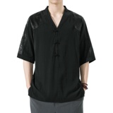 2025风春夏款拼接盘扣宽松汉服唐装短袖T恤A087-1-YM951-P55，男装T恤，电商A087-1