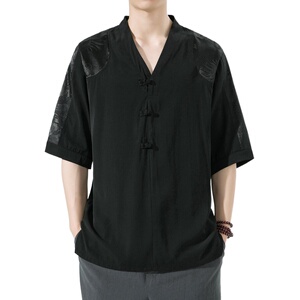 2025风春夏款拼接盘扣宽松汉服唐装短袖T恤A087-1-YM951-P55图片
