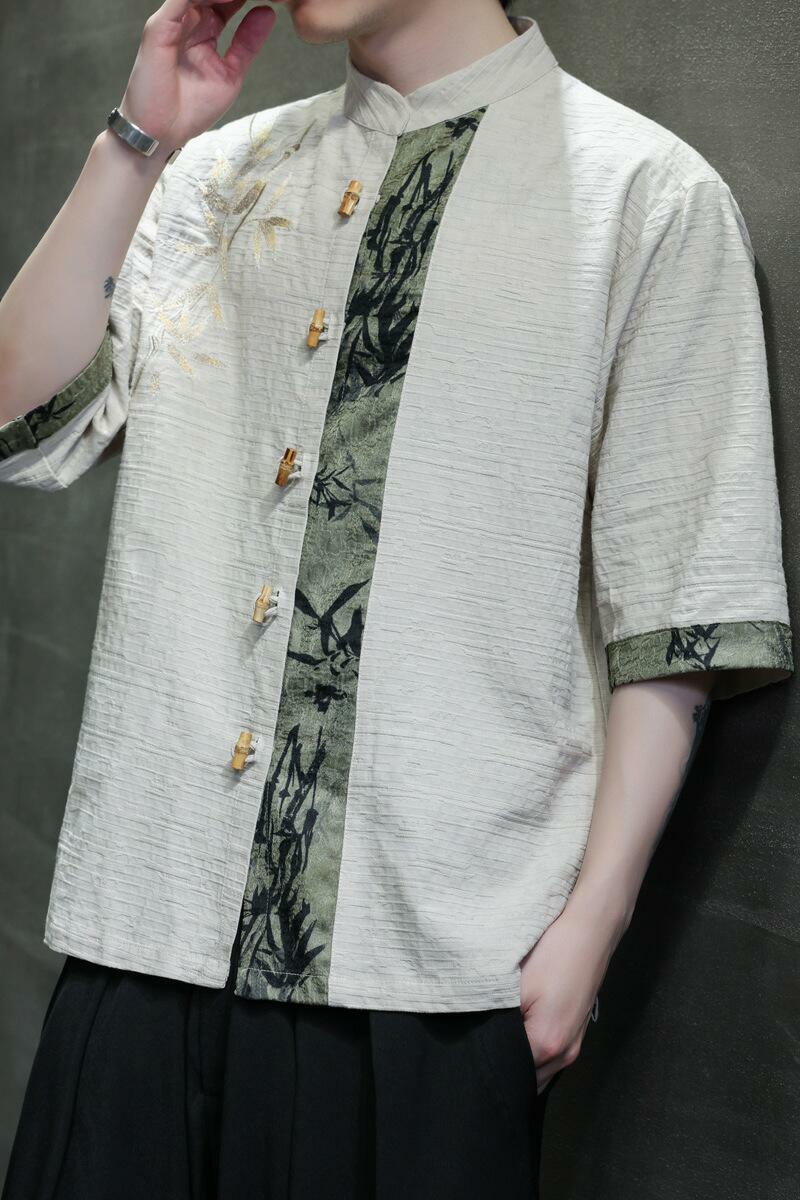 新中式竹扣竹叶刺绣棉麻五分袖提花面料古装衬衫A087-1-YM718-P75,男装T恤,电商A087-1