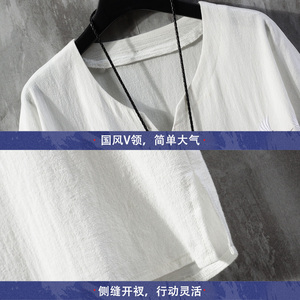 风夏季仙鹤刺绣薄V领盘扣T恤古风短袖A087-1-YM907-P55 控65图片