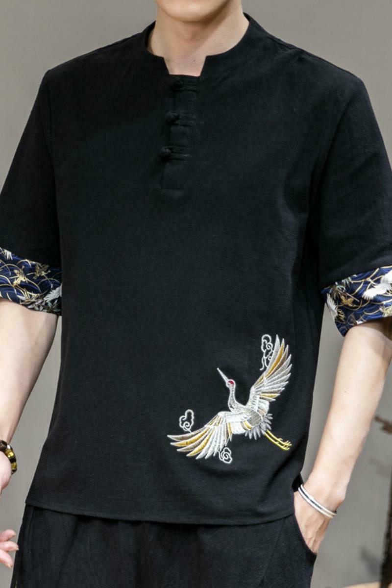 新中式夏季薄款仙鹤刺绣V领盘扣五分袖T恤男A087-1-YM901-P55,男装T恤,电商A087-1
