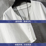 风夏季古风短袖仙鹤刺绣薄V领盘扣T恤A087-1-YM907-P55控65，男装T恤，电商A087-1