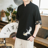 新中式夏季薄款仙鹤刺绣V领盘扣五分袖T恤男A087-1-YM901-P55，男装T恤，电商A087-1