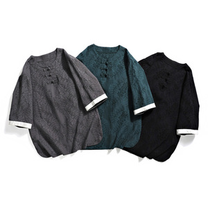 风盘扣短袖圆领提花t恤复古五分袖潮男A087-1-YM612-P55 控65,男装T恤,电商A087-1