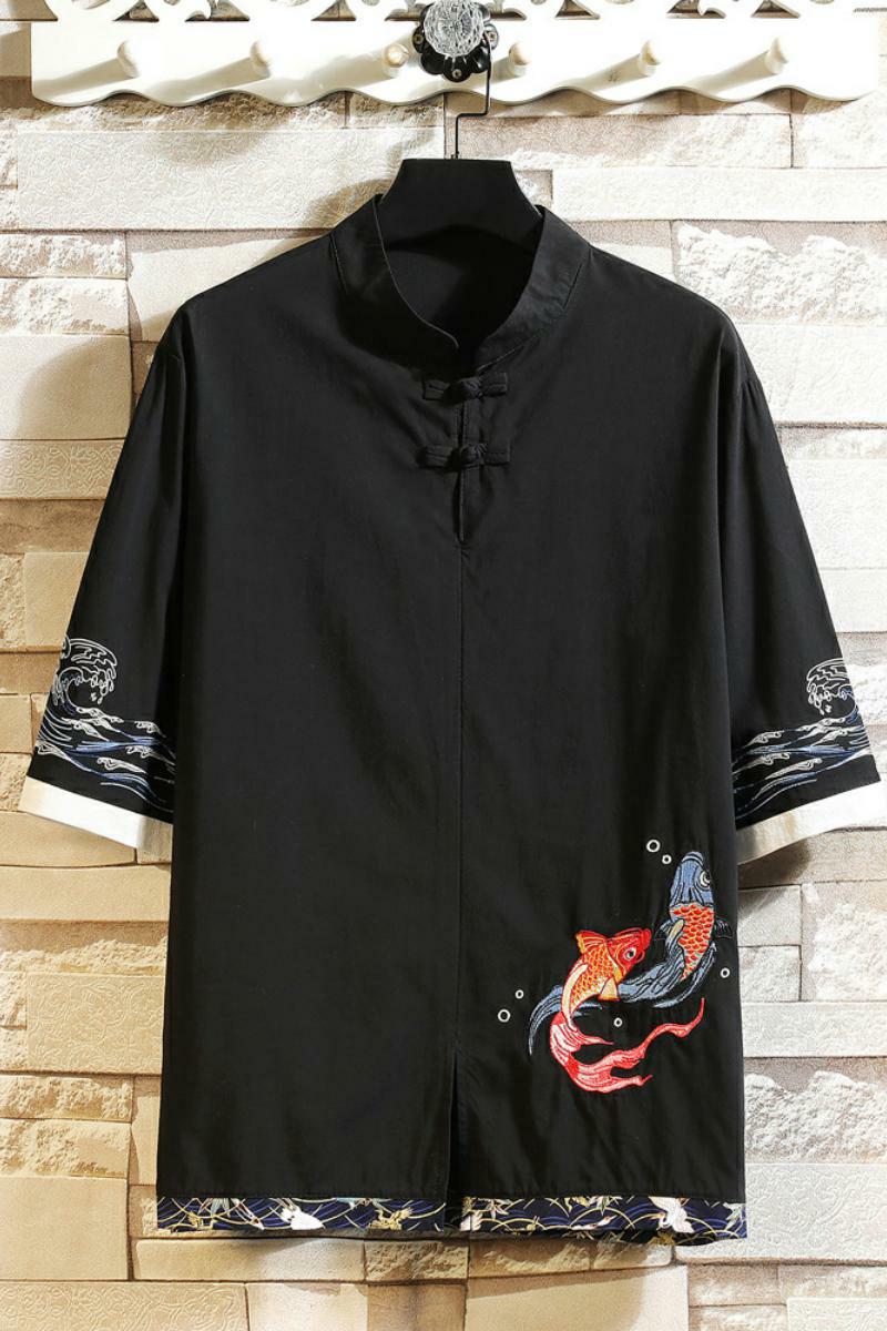 风春夏款锦鲤刺绣拼接盘扣五分袖宽松衬衫男A087-1-YM953-P65图片