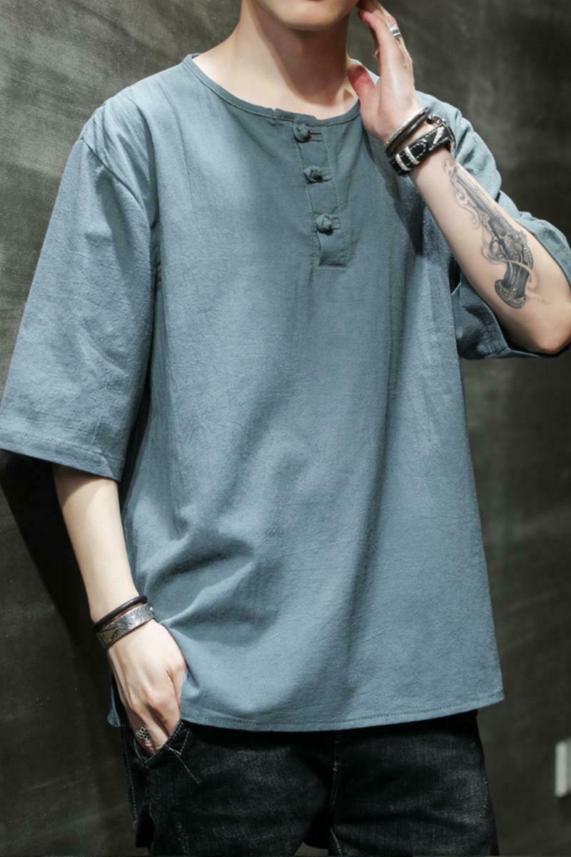 新中式风大码圆领盘扣五分袖宽松T恤男A087-1-YM905-P40控50,男装T恤,电商A087-1