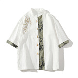 新中式竹扣竹叶刺绣棉麻五分袖提花面料古装衬衫A087-1-YM718-P75，男装T恤，电商A087-1