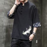 新中式夏季薄款仙鹤刺绣V领盘扣五分袖T恤男A087-1-YM901-P55，男装T恤，电商A087-1