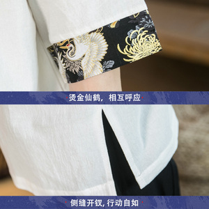 风五分袖夏季圆领盘扣薄款荷花刺绣T恤男A087-1-YM902-P55图片