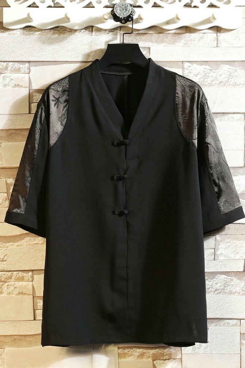 新中式风夏款拼接盘扣宽松汉服唐装短袖T恤A087-1-YM951-P55,男装T恤,电商A087-1