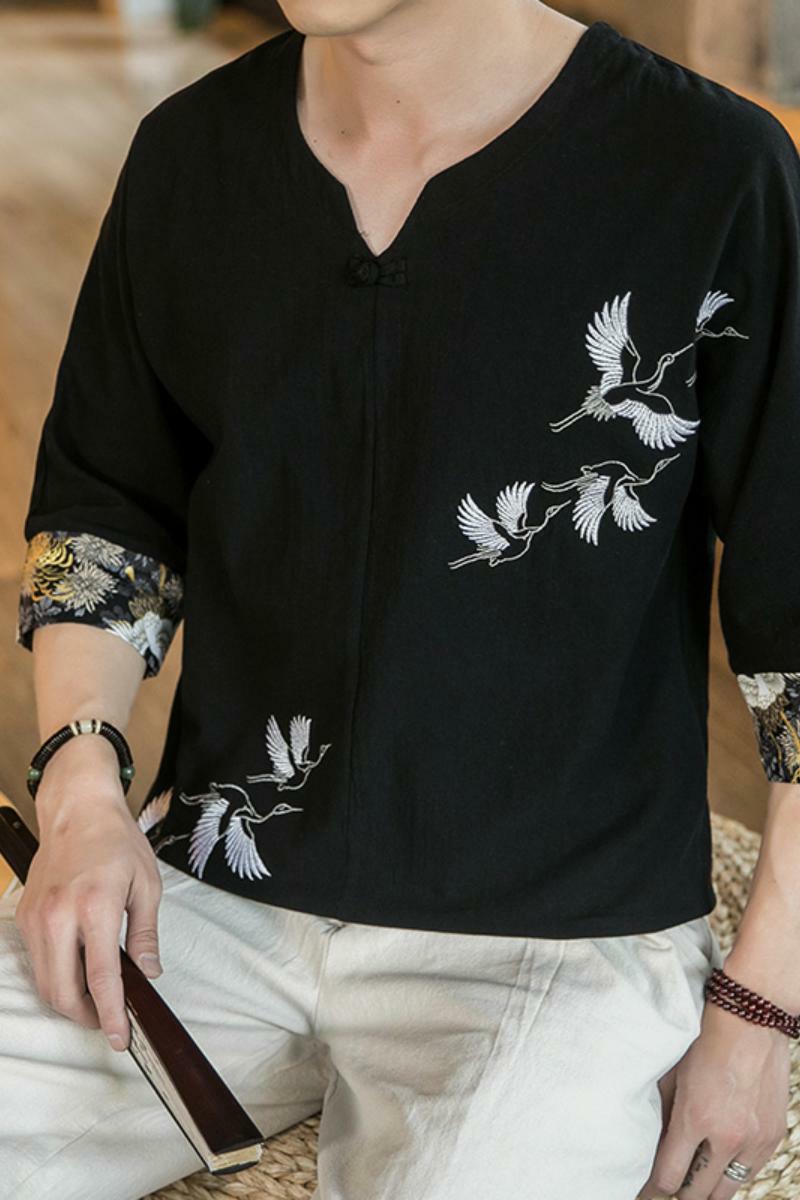 风夏季仙鹤刺绣薄V领盘扣T恤古风短袖A087-1-YM907-P55控65,男装T恤,电商A087-1