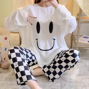 家居服 笑脸睡衣女士春秋季 薄款 大码 200斤胖MM冰雪丝宽松两件套装
