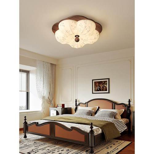 宋代美学复古卧室灯吸顶灯中古客厅灯圆形布艺胡桃木纹主卧书房灯