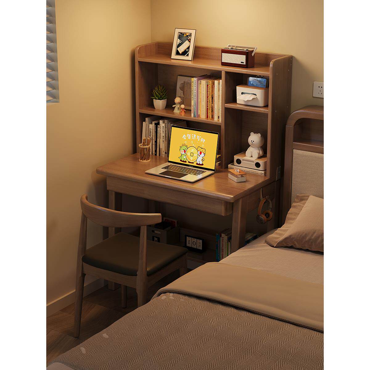 实木书桌书架一体简约电脑桌小户型卧室床边小桌子学生家用写字桌