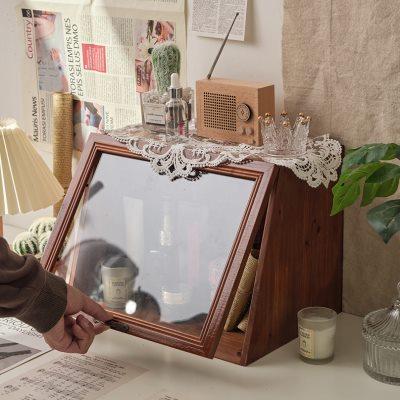 复古实木桌面抽屉式收纳盒木质化妆品水乳展示柜茶具茶杯整理盒子