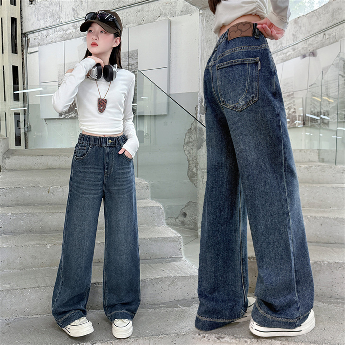 女童牛仔裤2025新款春秋款大童窄版直筒阔腿裤儿童外穿裤子初中生