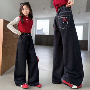 女童深色牛仔裤2025春秋新款儿童秋装直筒裤洋气女孩初中生阔腿裤