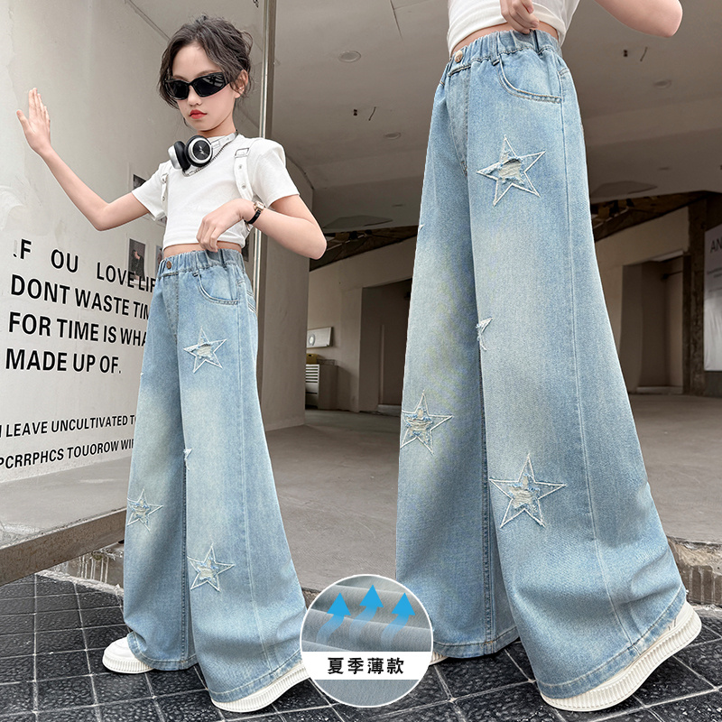 女童牛仔阔腿裤夏季薄款2025新款大童春夏儿童直筒裤子夏装初中生