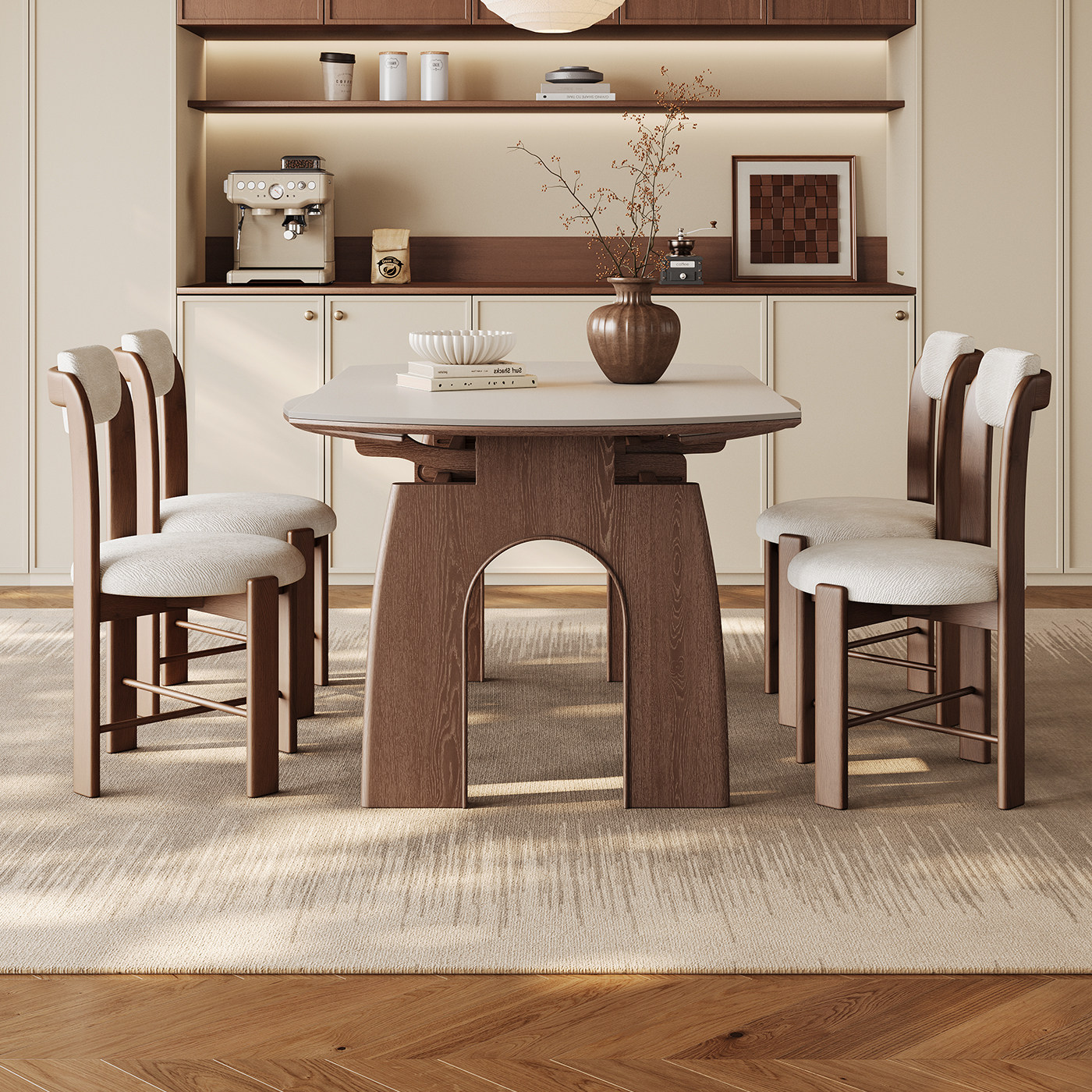 奥古斯特餐桌可伸缩变圆桌2026新款家用小户型纯白实木岩板餐桌