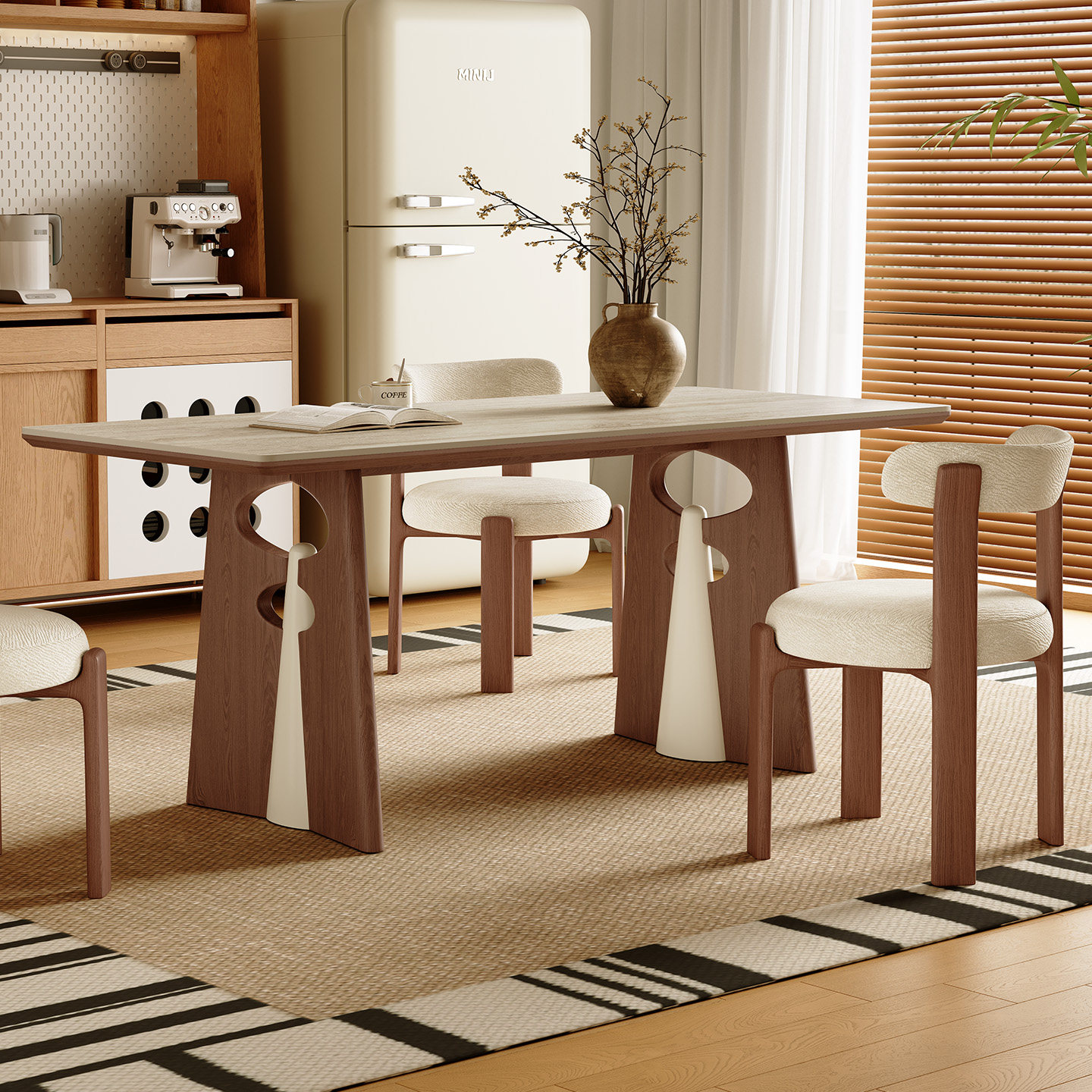 中古风洞石岩板餐桌长方形2026新款家用客厅白色全托实木餐桌椅