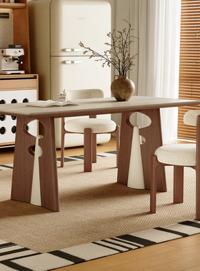 中古风洞石岩板餐桌长方形2026新款家用客厅白色全托实木餐桌椅