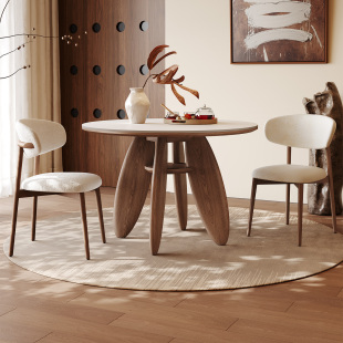 奥古斯特中古实木圆桌小户型2026新款 侘寂风家用白色哑光岩板餐桌