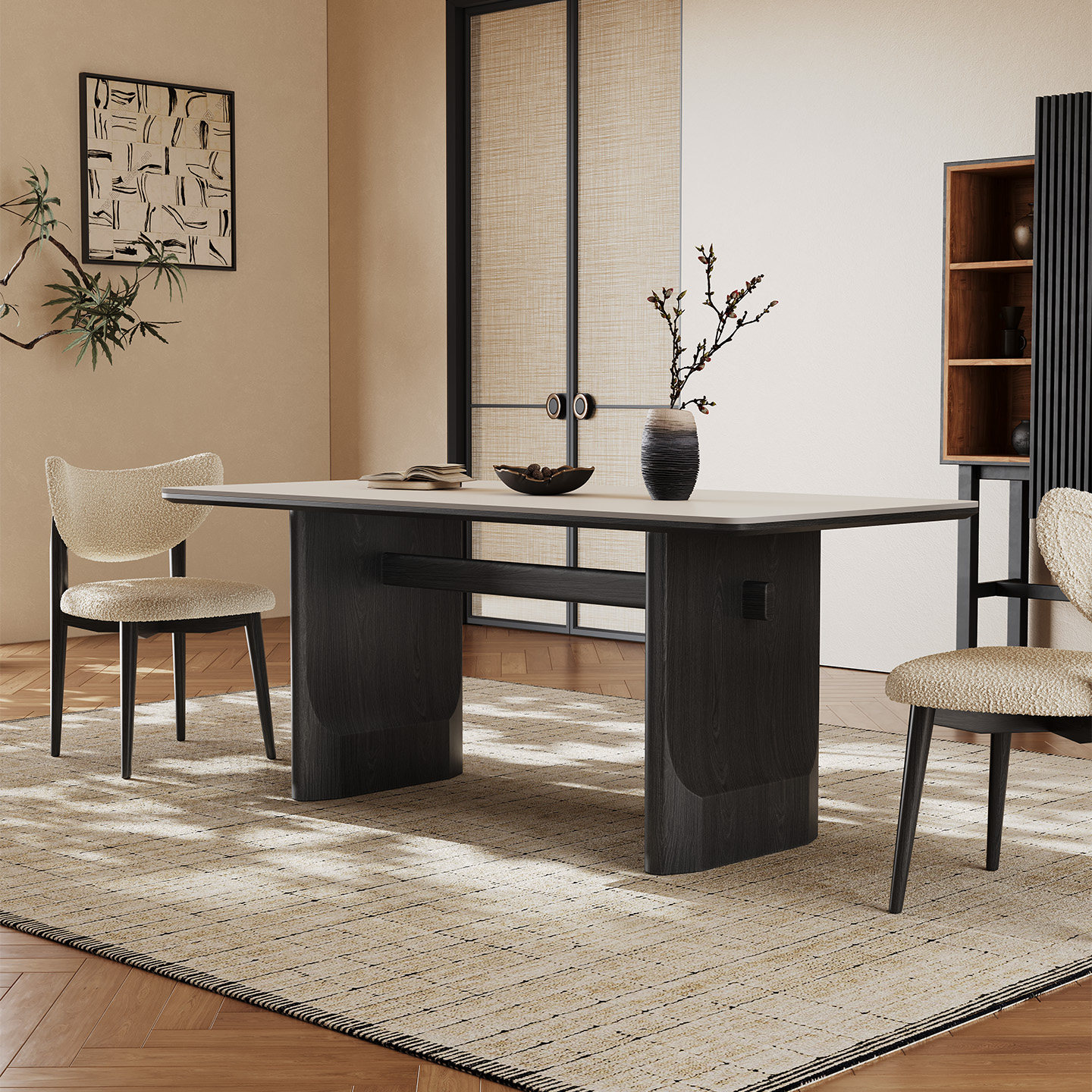 黑色实木餐桌长方形轻奢现代简约佛山高端家用纯白哑光岩板餐桌